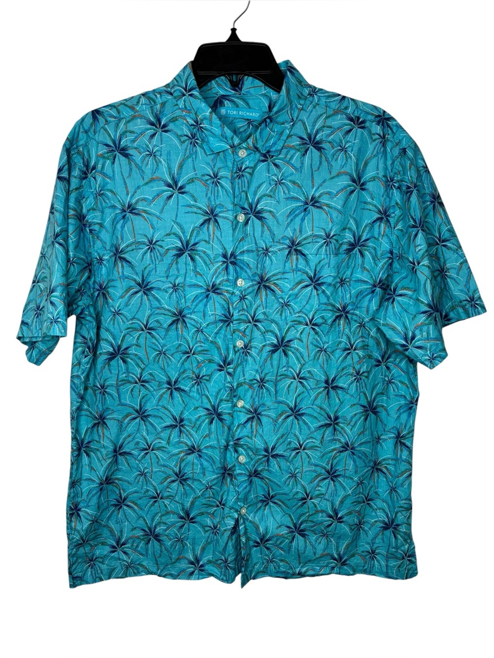 Tori Richard Mens Button-up Shirt Blue Tropical Palm Tree Cotton Vacation Size L
